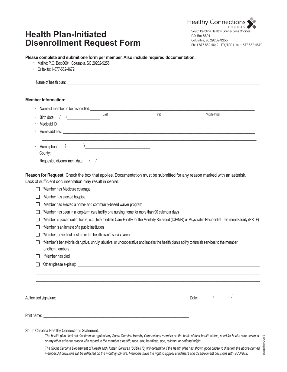 Health Plan-Initiated Disenrollment Request Form - South Carolina, Page 1