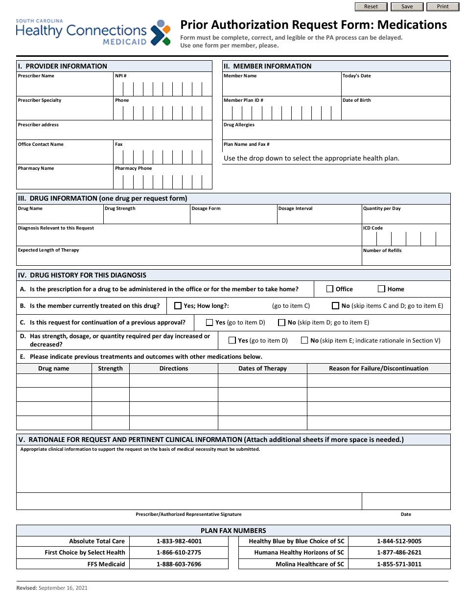 Prior Authorization Request Form: Medications - South Carolina, Page 1