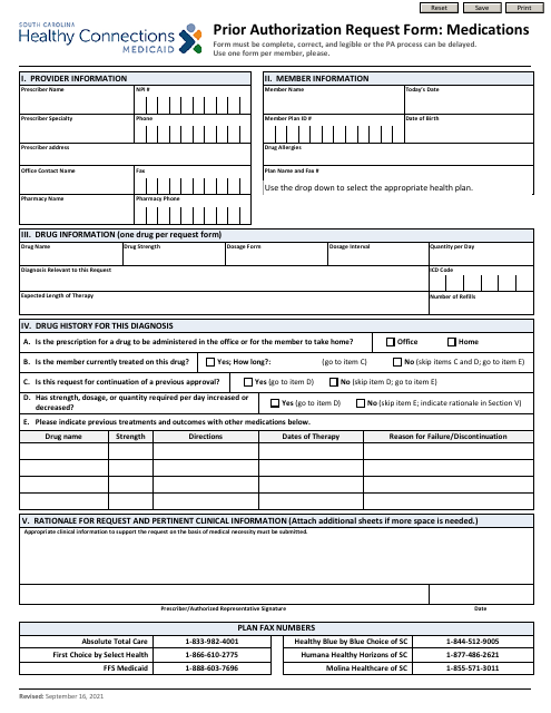 Prior Authorization Request Form: Medications - South Carolina Download Pdf