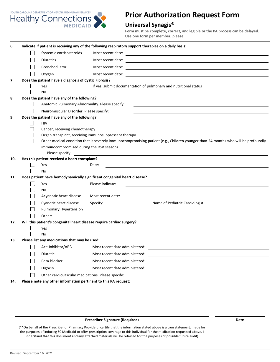 Prior Authorization Request Form - Universal Synagis - South Carolina, Page 2