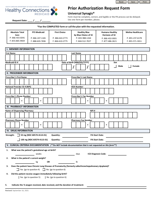 Prior Authorization Request Form - Universal Synagis - South Carolina Download Pdf
