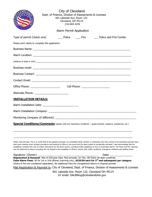 Alarm Permit Application - City of Cleveland, Ohio Download Pdf