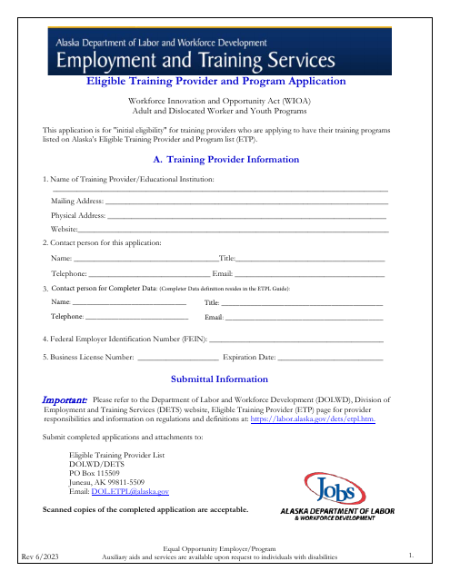 Eligible Training Provider and Program Application - Alaska