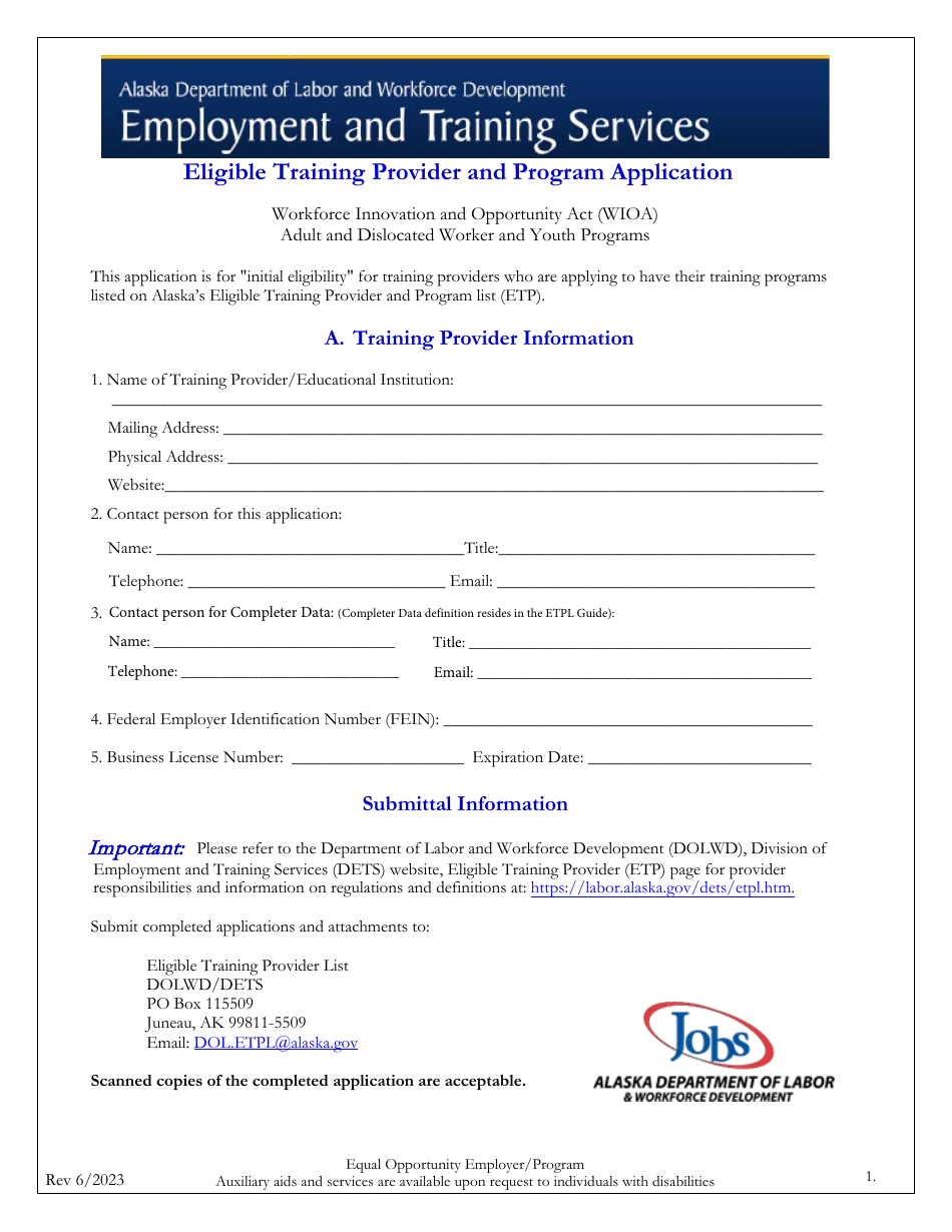 Eligible Training Provider and Program Application - Alaska, Page 1