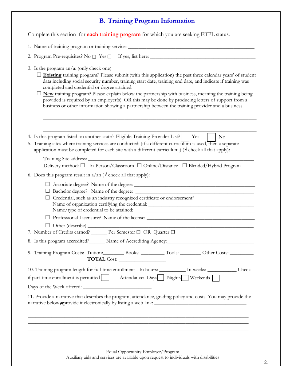 Eligible Training Provider and Program Application - Alaska, Page 2