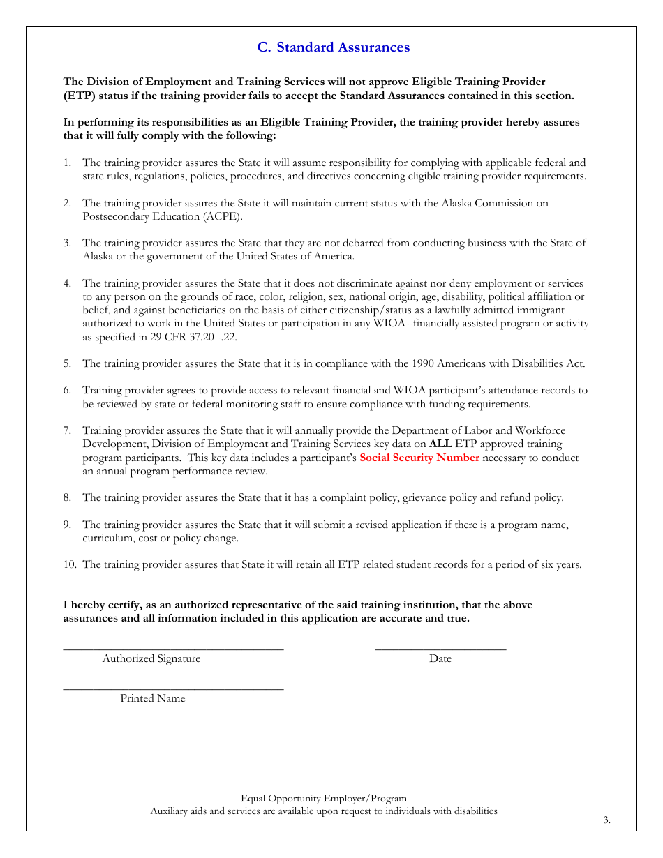 Eligible Training Provider and Program Application - Alaska, Page 3