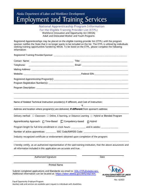 National Apprenticeship Program Information for the Eligible Training Provider List (Etpl) - Alaska Download Pdf