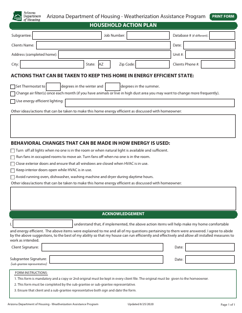 Household Action Plan - Weatherization Assistance Program - Arizona Download Pdf