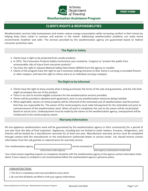 Clients Rights & Responsibilities - Weatherization Assistance Program - Arizona Download Pdf