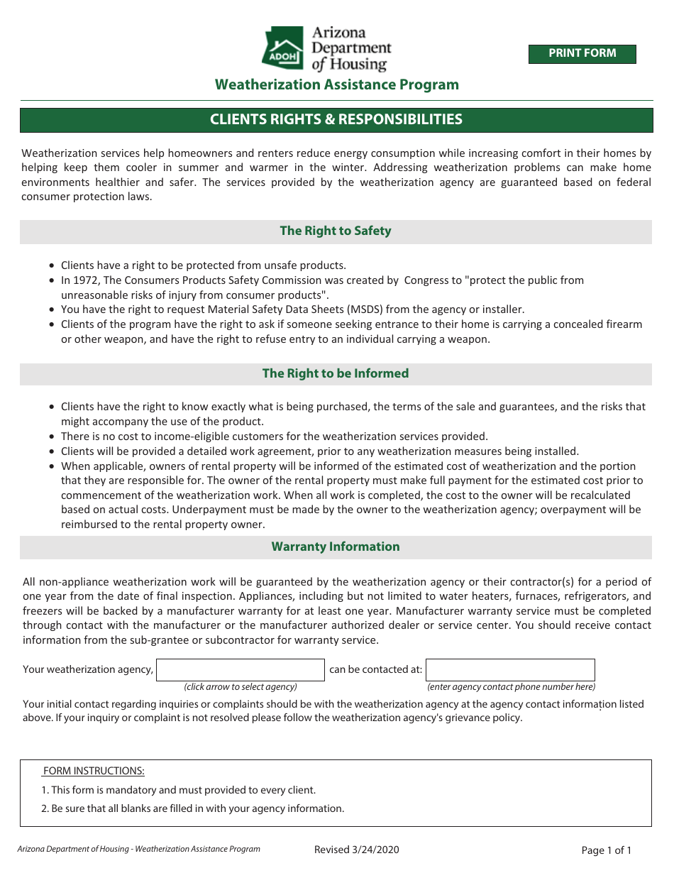 Clients Rights  Responsibilities - Weatherization Assistance Program - Arizona, Page 1