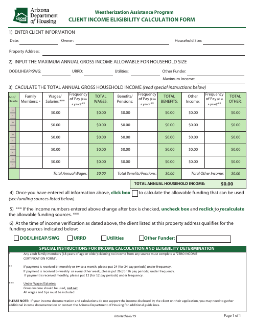 Client Income Eligibility Calculation Form - Weatherization Assistance Program - Arizona