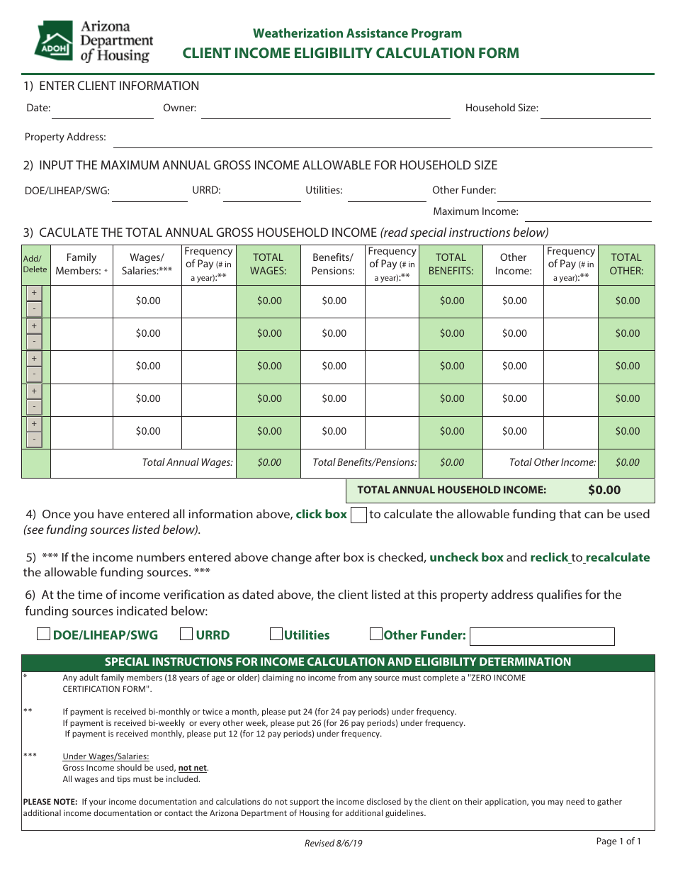 Client Income Eligibility Calculation Form - Weatherization Assistance Program - Arizona, Page 1