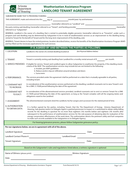 Landlord Tenant Agreement - Weatherization Assistance Program - Arizona Download Pdf