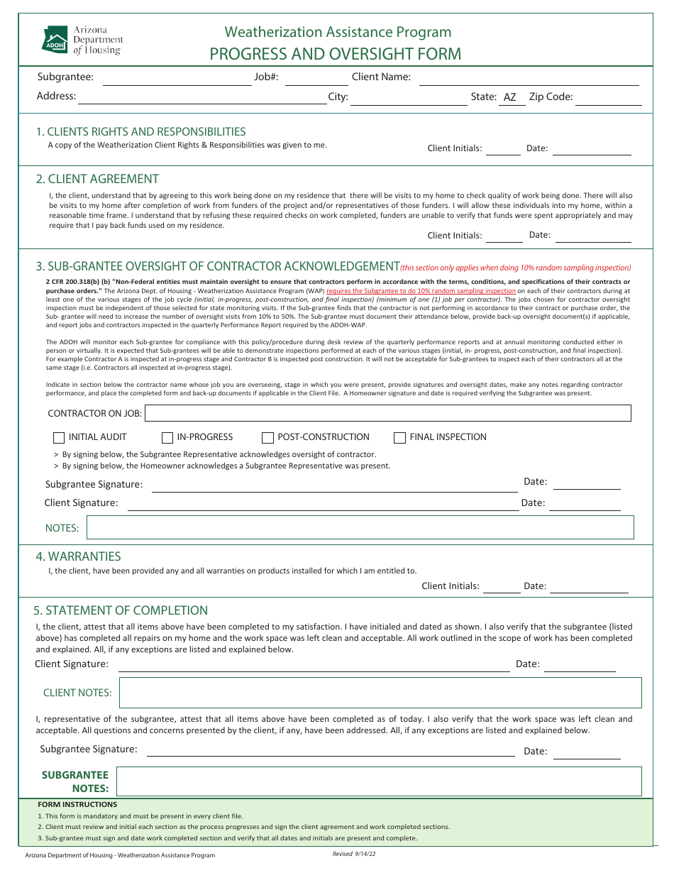 Progress and Oversight Form - Weatherization Assistance Program - Arizona, Page 1