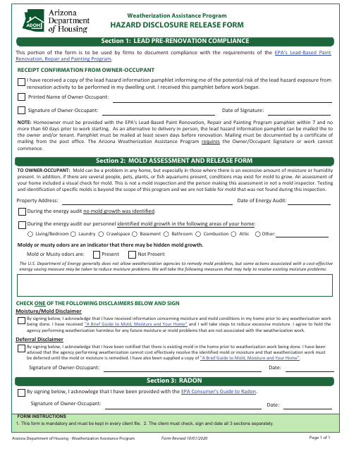 Hazard Disclosure Release Form - Weatherization Assistance Program - Arizona Download Pdf