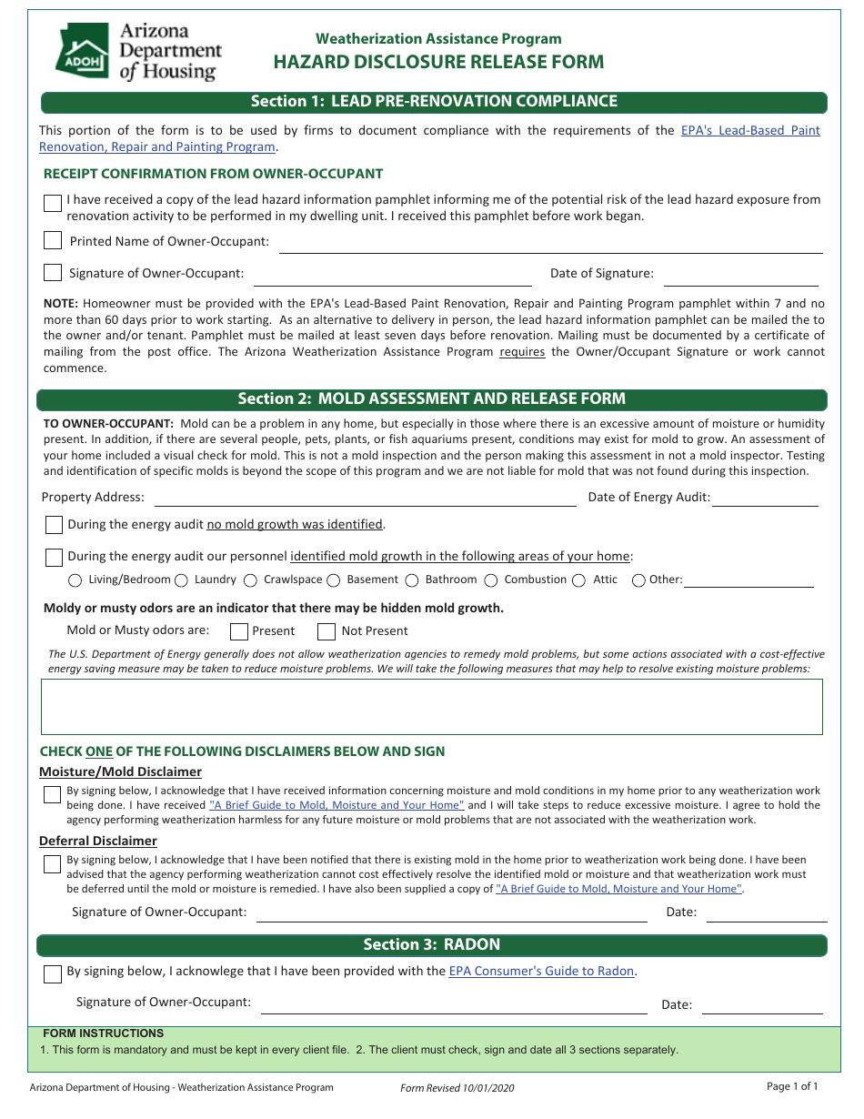 Hazard Disclosure Release Form - Weatherization Assistance Program - Arizona, Page 1