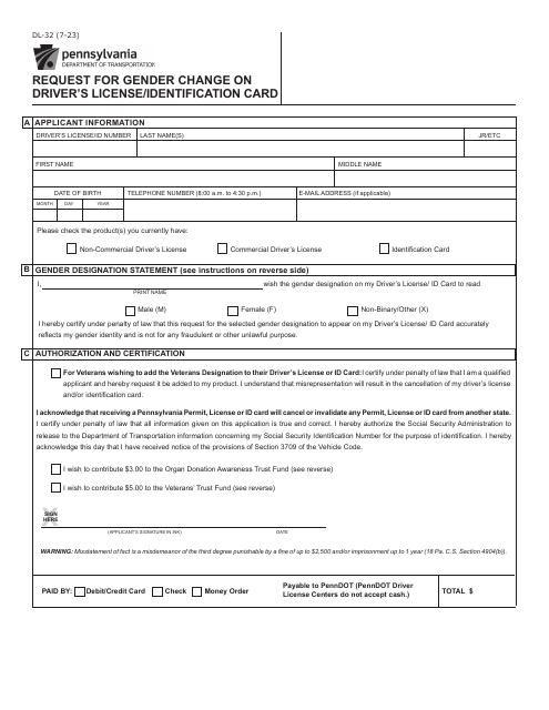 Form DL-32 Request for Gender Change on Driver's License/Identification Card - Pennsylvania