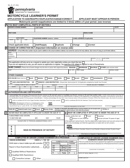 Form DL-5 Motorcycle Learner's Permit Application to Add/Reapply/Duplicate/Change/Correct - Pennsylvania