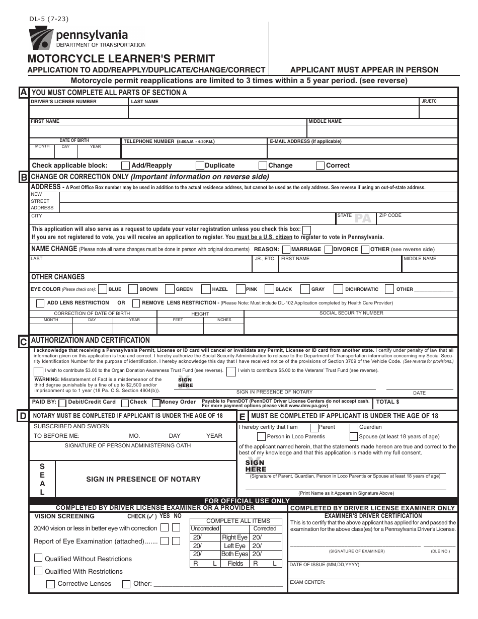Form DL-5 Download Fillable PDF or Fill Online Motorcycle Learner's ...