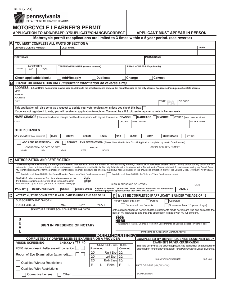 Form DL-5 Motorcycle Learners Permit Application to Add / Reapply / Duplicate / Change / Correct - Pennsylvania, Page 1
