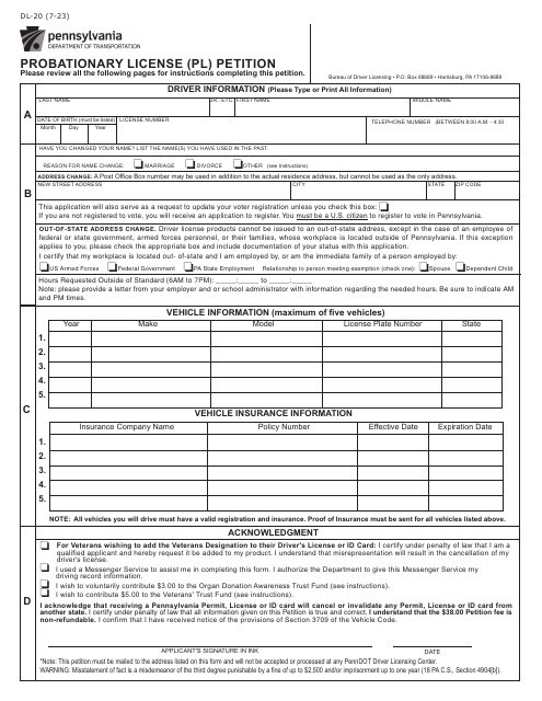 Form DL-20 Probationary License (Pl) Petition - Pennsylvania