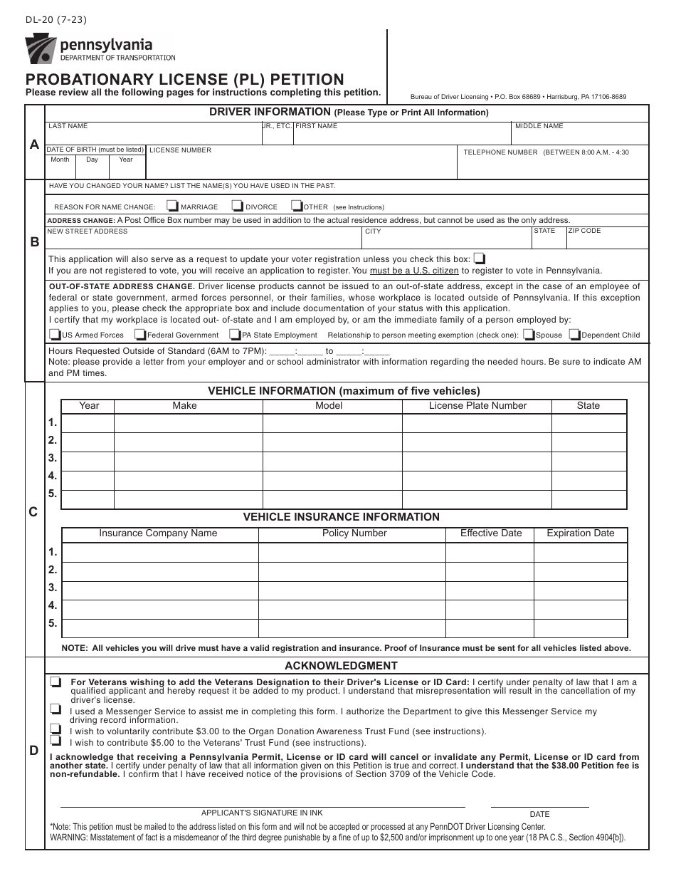 Form DL-20 Probationary License (Pl) Petition - Pennsylvania, Page 1