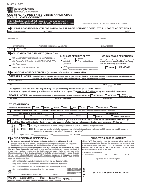 Form DL-80CD Commercial Driver's License Application to Duplicate/Correct - Pennsylvania