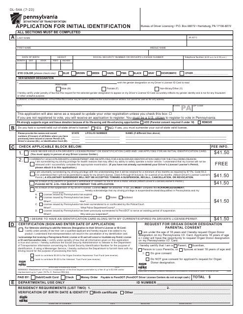 Form DL-54A Application for Initial Identification - Pennsylvania
