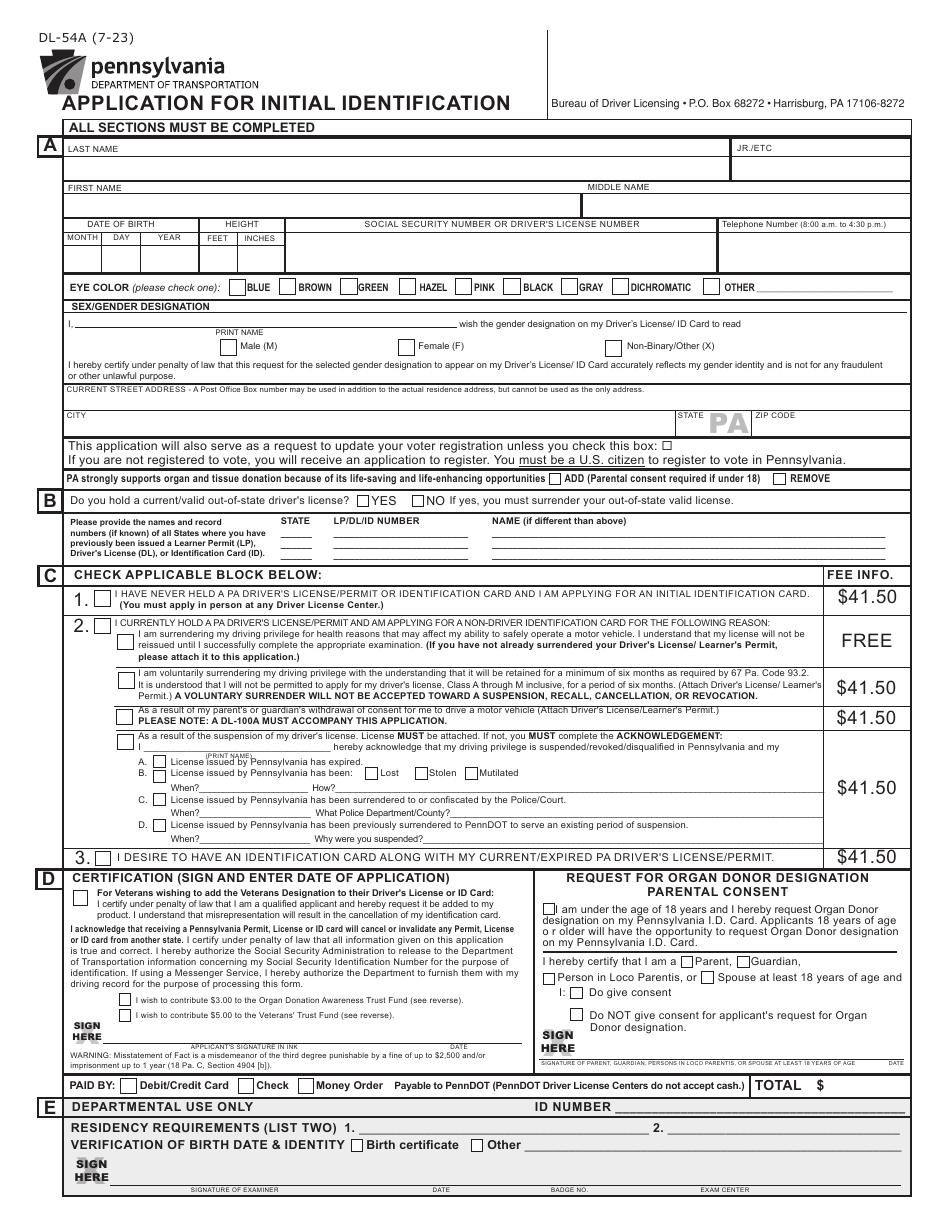 Form DL-54A Application for Initial Identification - Pennsylvania, Page 1