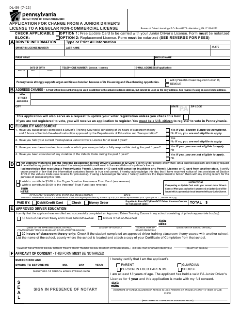 Form DL-59 Application for Change From a Junior Driver's License to a Regular Non-commercial License - Pennsylvania