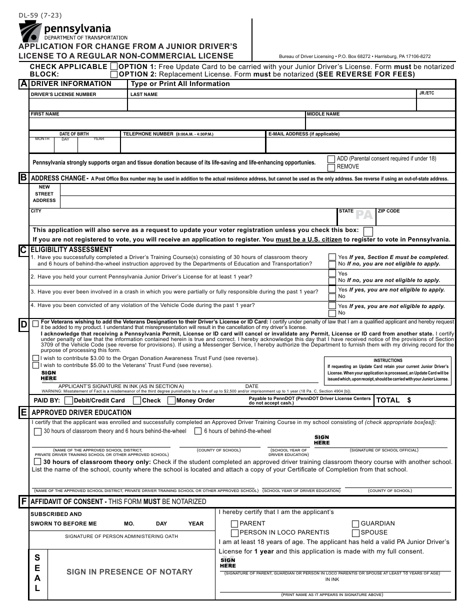 Form DL-59 Application for Change From a Junior Drivers License to a Regular Non-commercial License - Pennsylvania, Page 1