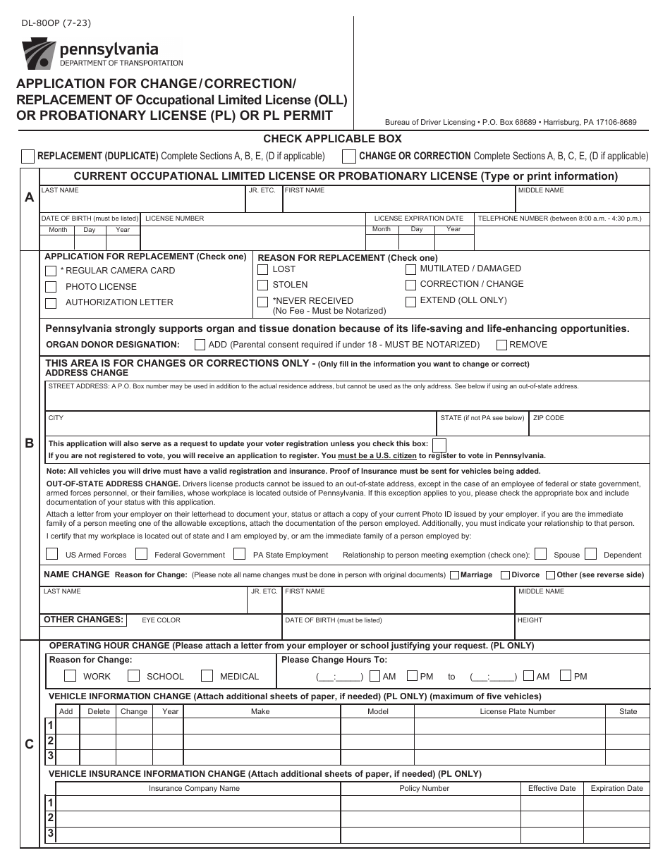 Form DL-80OP Application for Change / Correction / Replacement of Occupational Limited License (Oll) or Probationary License (Pl) or Pl Permit - Pennsylvania, Page 1