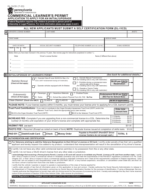 Form DL-31CD Commercial Learner's Permit - Application to Apply for an Initial/Upgrade - Pennsylvania