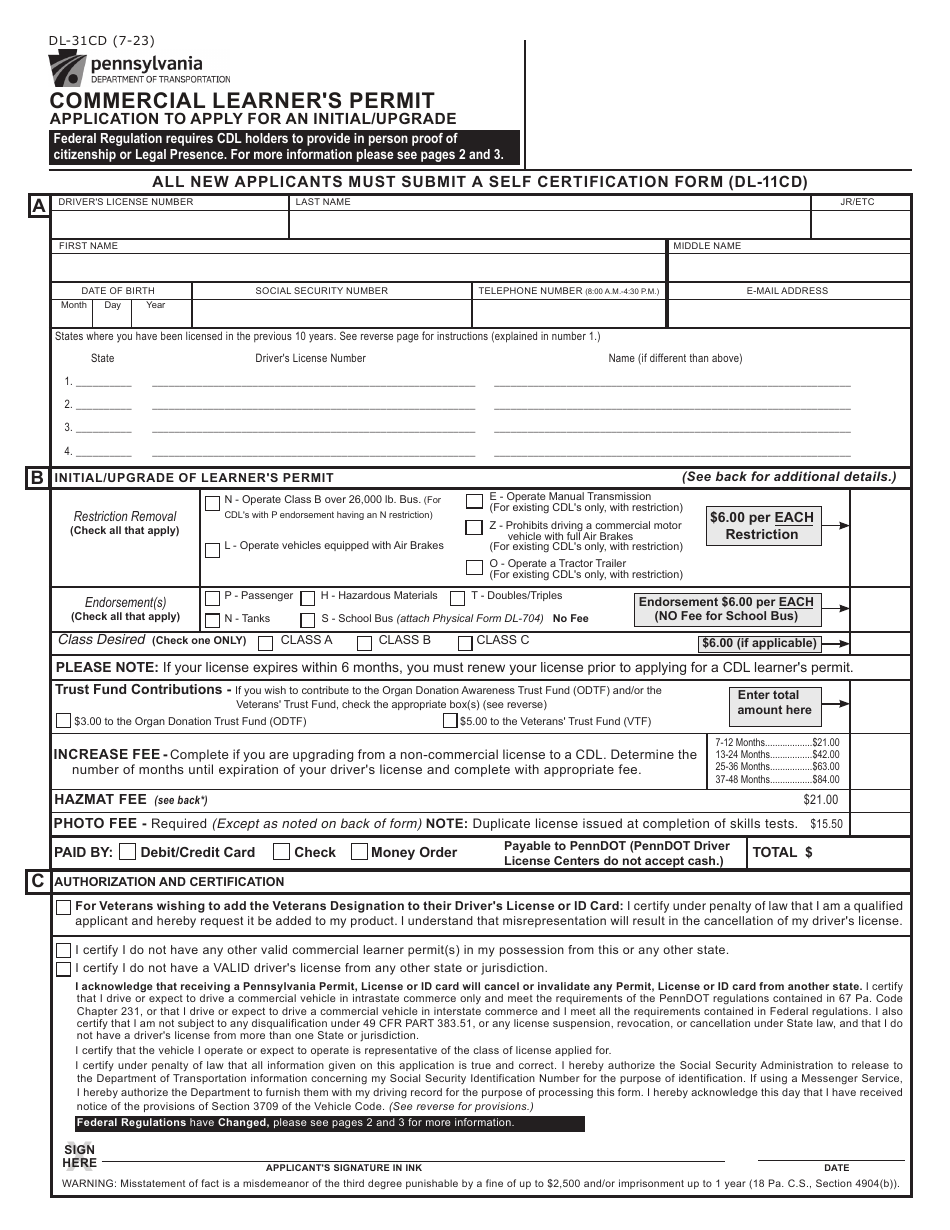 Form DL-31CD Download Fillable PDF Or Fill Online Commercial Learner's ...