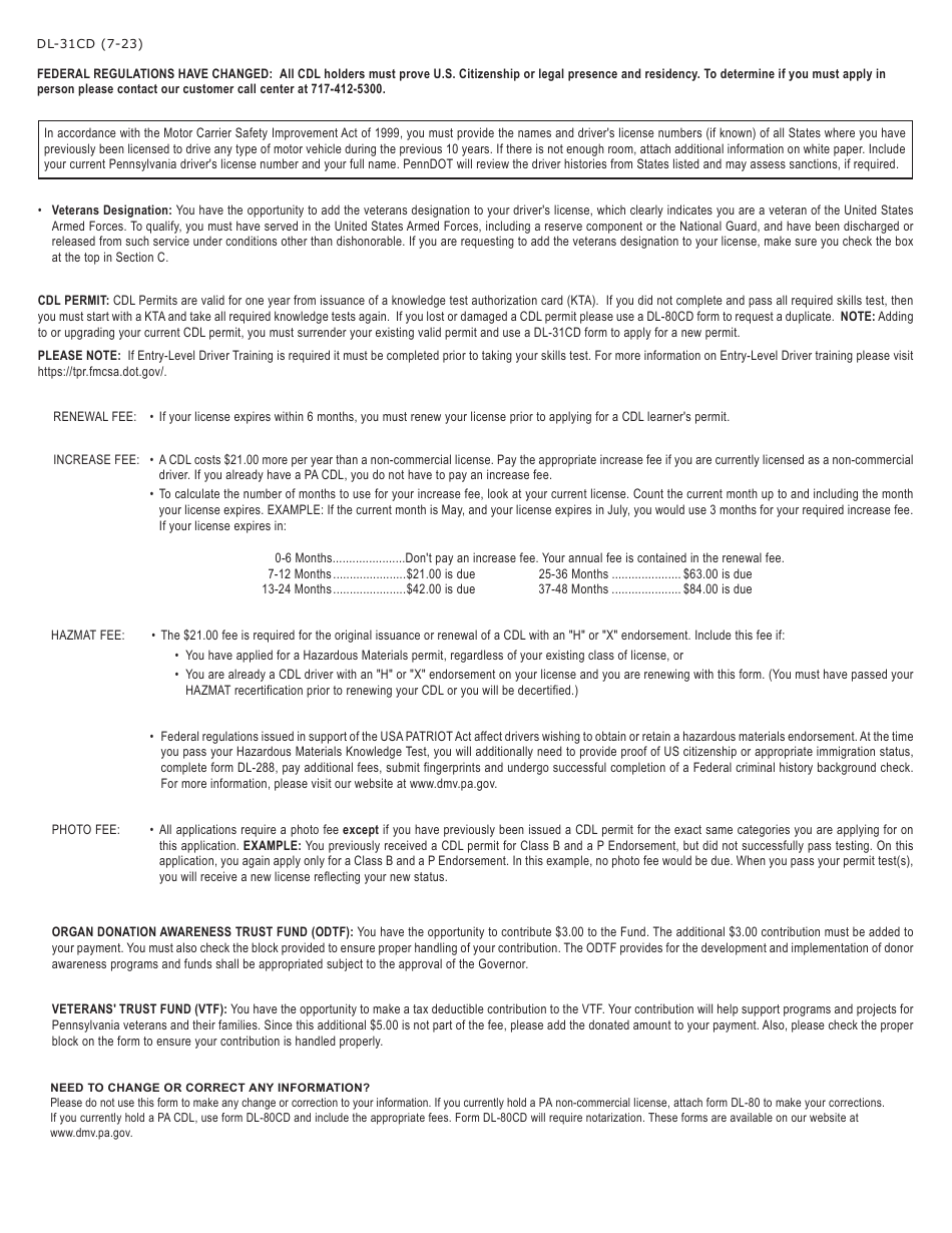 Form DL-31CD Commercial Learners Permit - Application to Apply for an Initial / Upgrade - Pennsylvania, Page 2