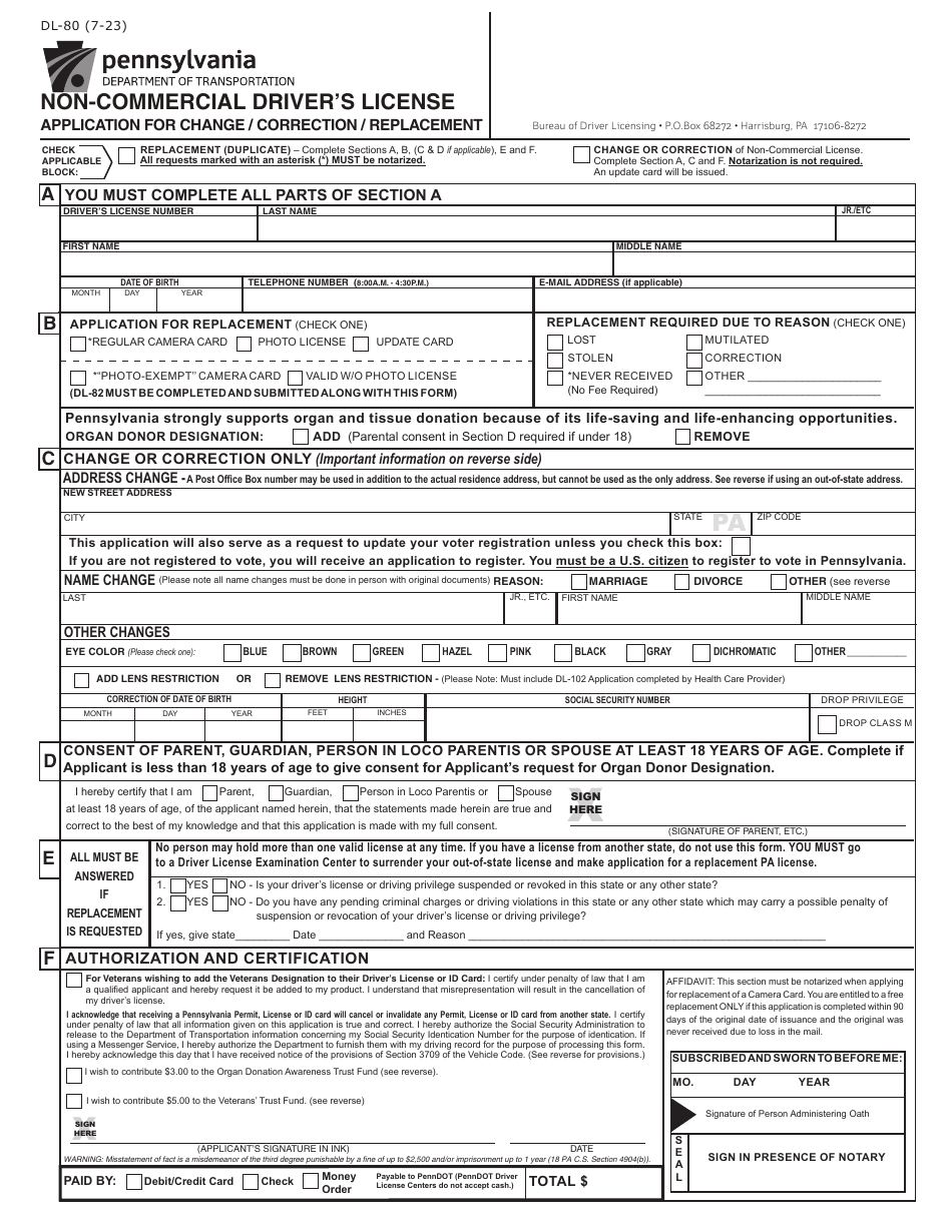 Form DL-80 Download Fillable PDF Or Fill Online Non-commercial Driver's ...