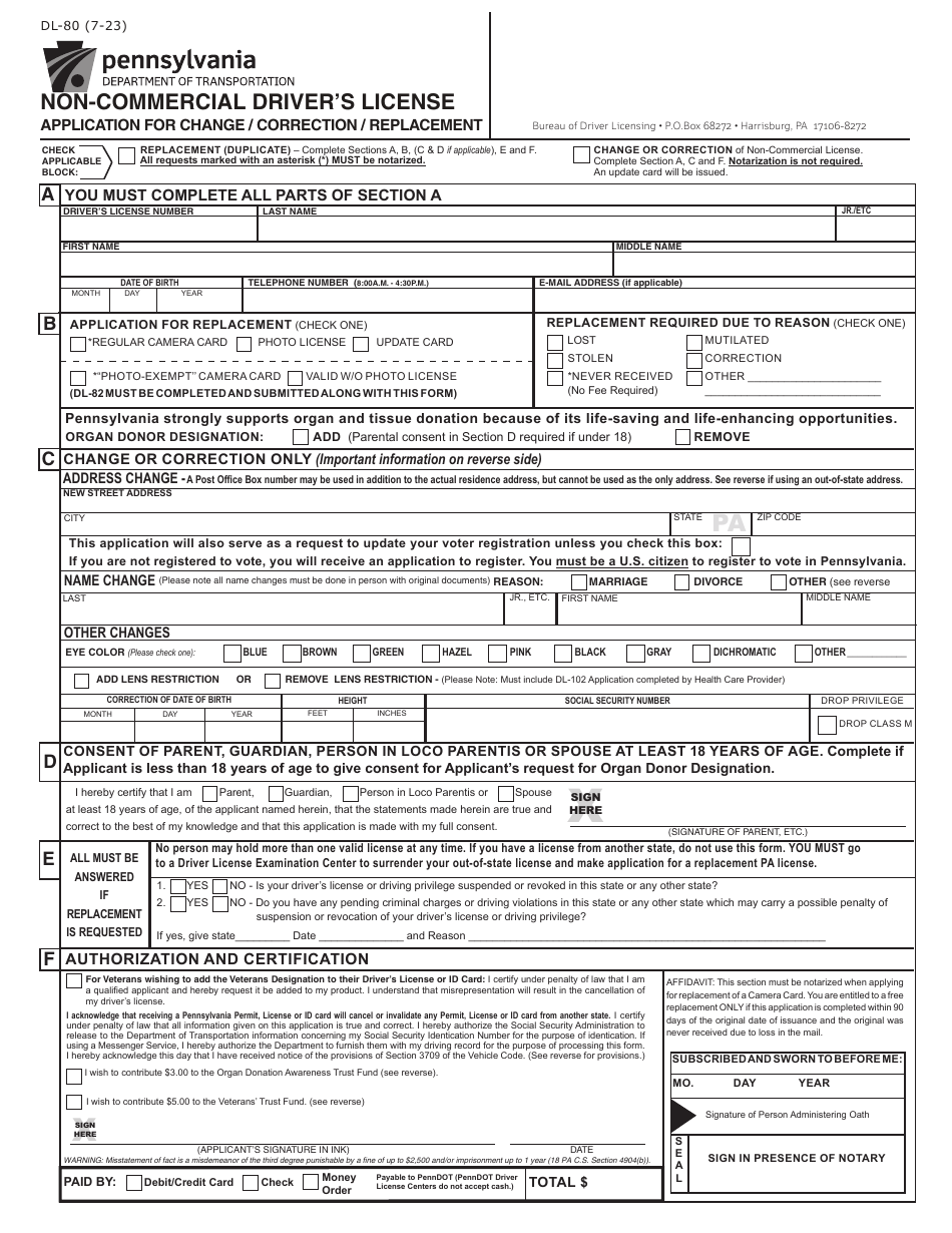 Form DL-80 Non-commercial Drivers License - Pennsylvania, Page 1