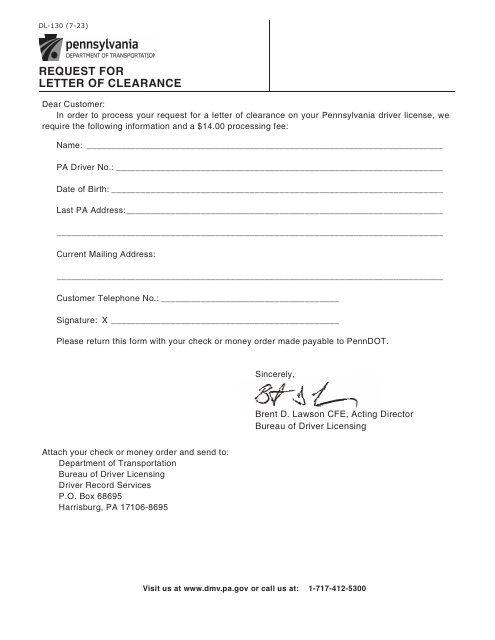 Form DL-130 Request for Letter of Clearance - Pennsylvania