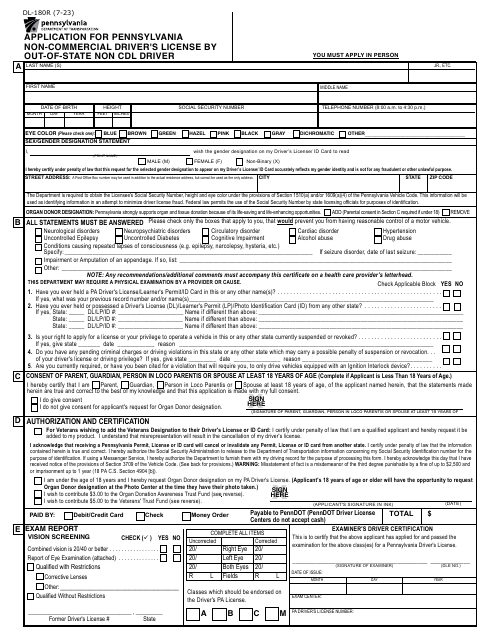 Form DL-180R Application for Pennsylvania Non-commercial Driver's License by Out-of-State Non Cdl Driver - Pennsylvania