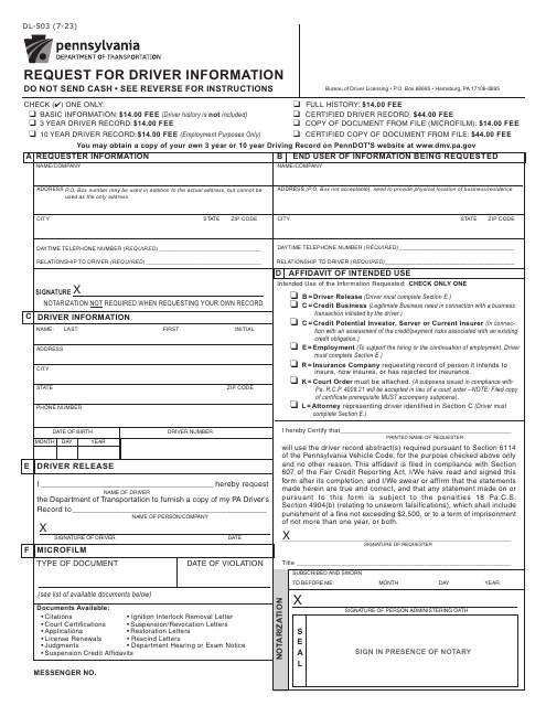 Form DL-503 Request for Driver Information - Pennsylvania