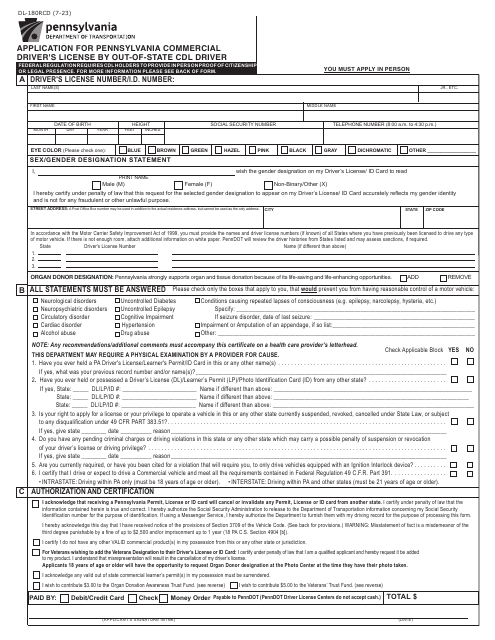 Form DL-180RCD Application for Pennsylvania Commercial Driver's License by Out-of-State Cdl Driver - Pennsylvania