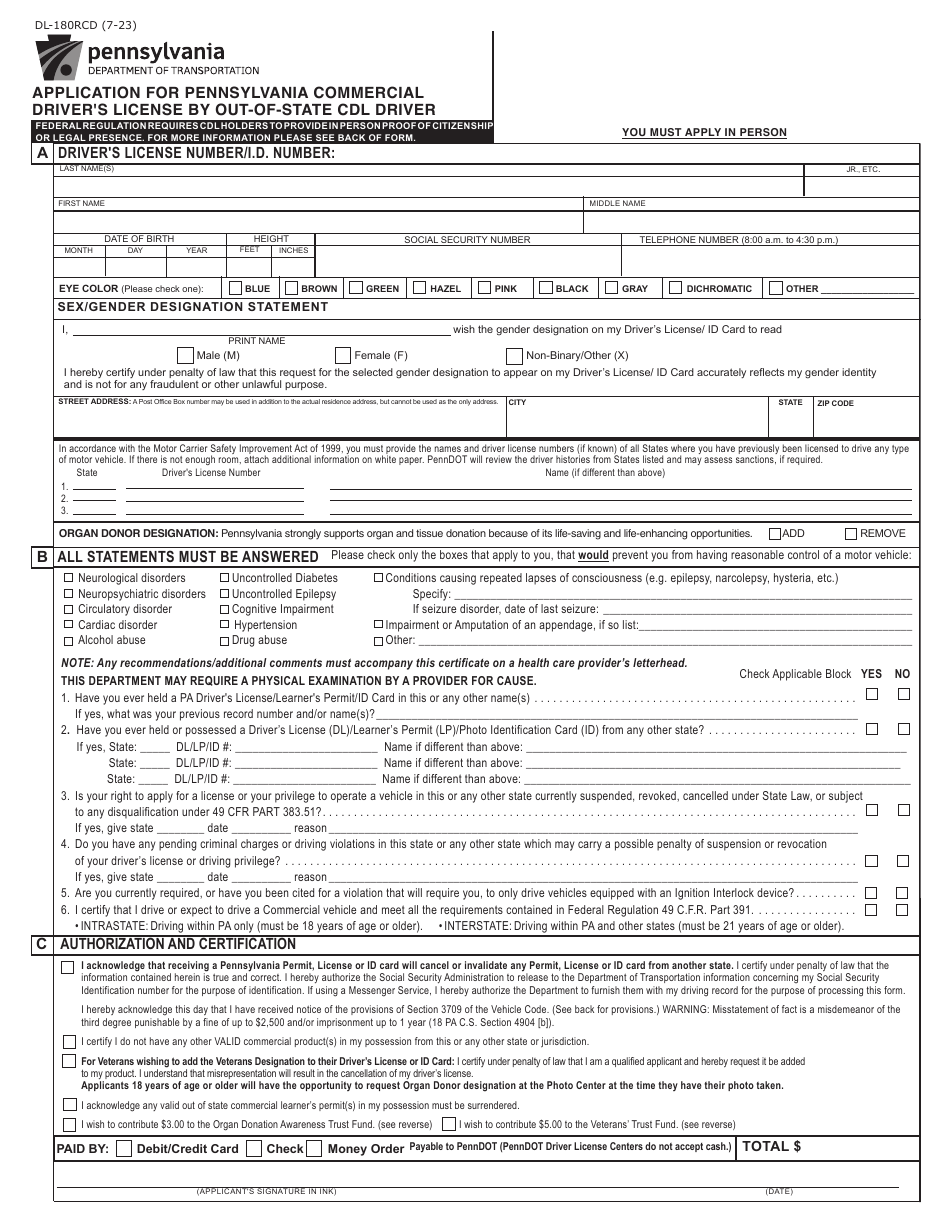 Form Dl-180rcd Download Fillable Pdf Or Fill Online Application For 