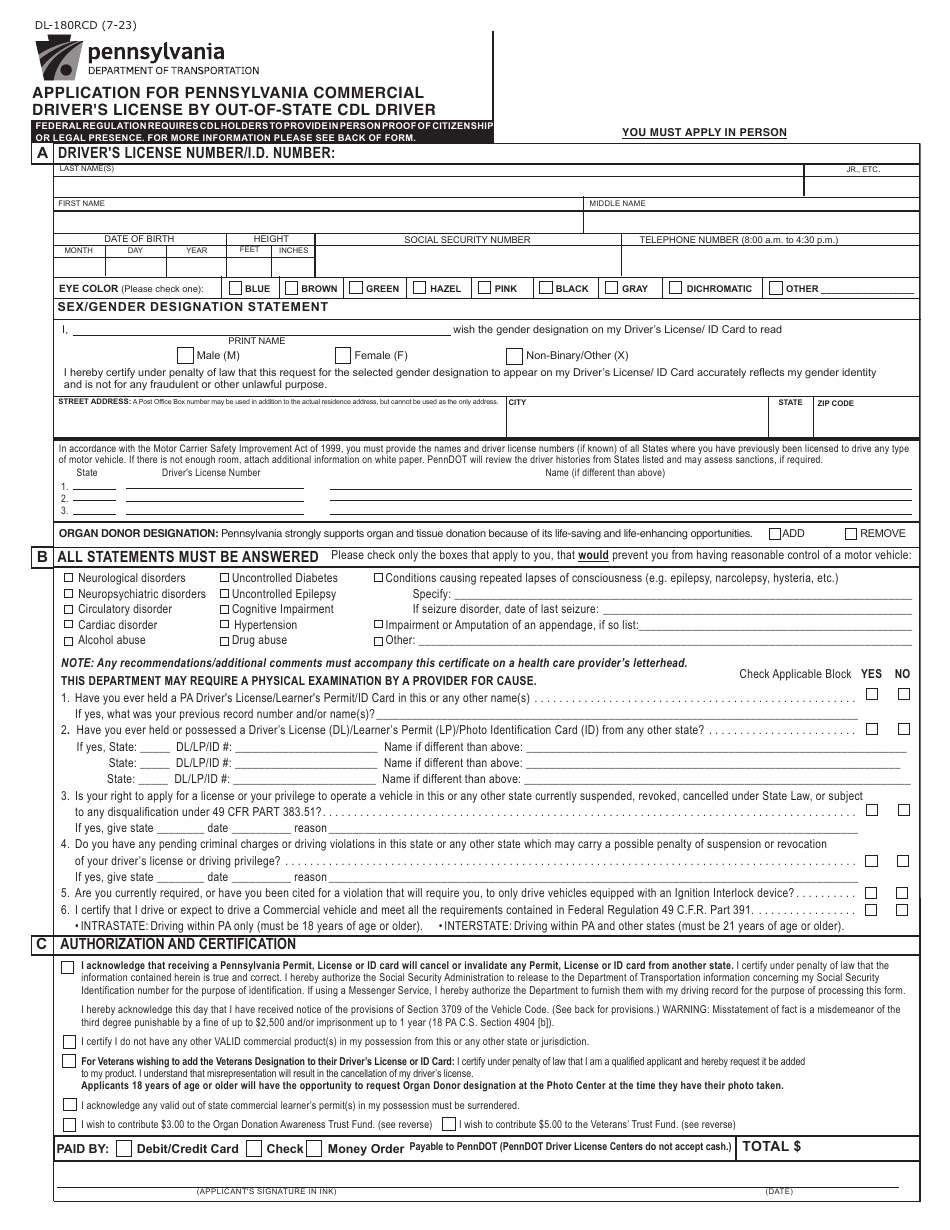 Form DL-180RCD Application for Pennsylvania Commercial Drivers License by Out-of-State Cdl Driver - Pennsylvania, Page 1