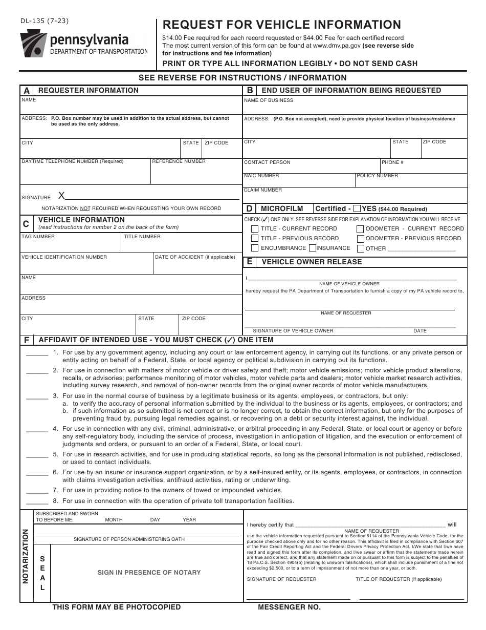 Form DL-135 Download Fillable PDF or Fill Online Request for Vehicle ...