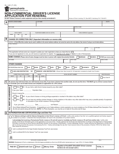 Form DL-143 Non-commercial Driver's License Application for Renewal - Pennsylvania