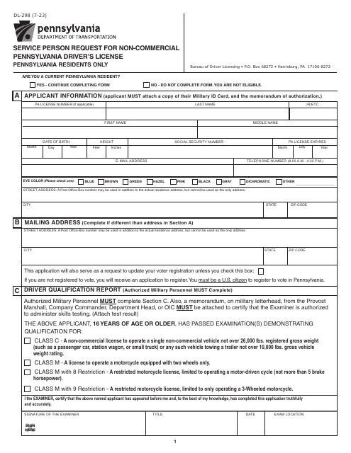 Form DL-298 Service Person Request for Non-commercial Pennsylvania Driver's License - Pennsylvania Residents Only - Pennsylvania