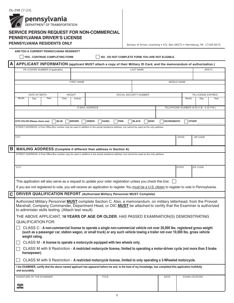 Form DL-298 Service Person Request for Non-commercial Pennsylvania Drivers License - Pennsylvania Residents Only - Pennsylvania, Page 1