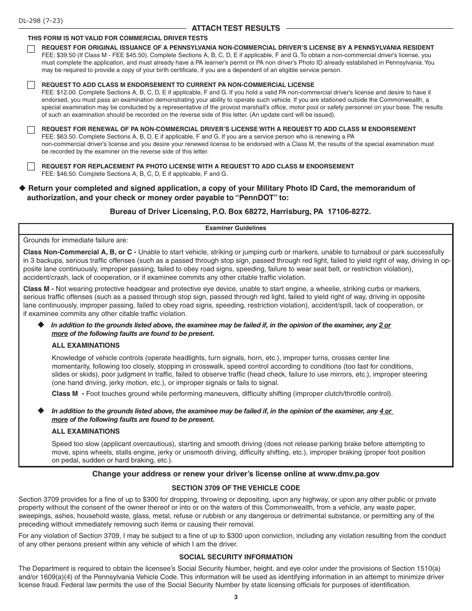 Form DL-298 Service Person Request for Non-commercial Pennsylvania Drivers License - Pennsylvania Residents Only - Pennsylvania, Page 3