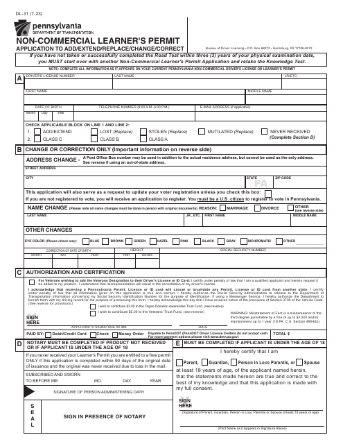 Form DL-31 Non-commercial Learner's Permit - Application to Add/Extend/Replace/Change/Correct - Pennsylvania