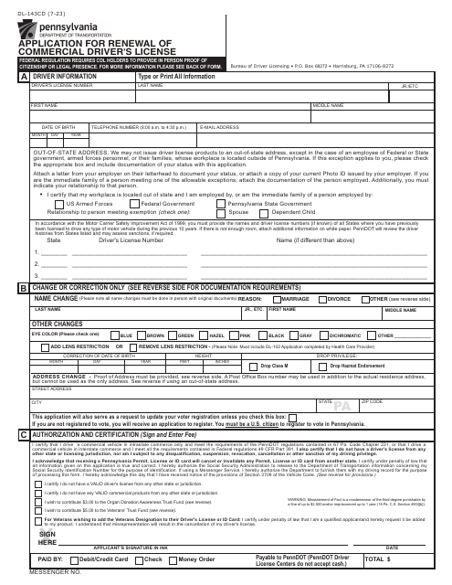 Form DL-143CD Application for Renewal of Commercial Driver's License - Pennsylvania